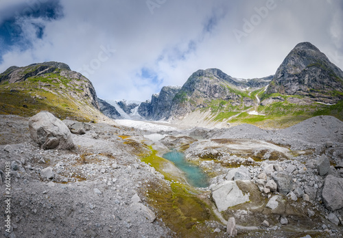 Vibrant colors in the Austerdalbreen valley with giant glacier in mountain scenery Norway