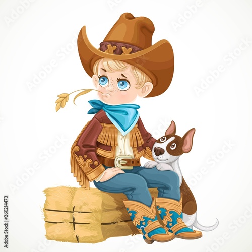 Cute boy playing with dog and sitting on briquette of hay isolated on a white background