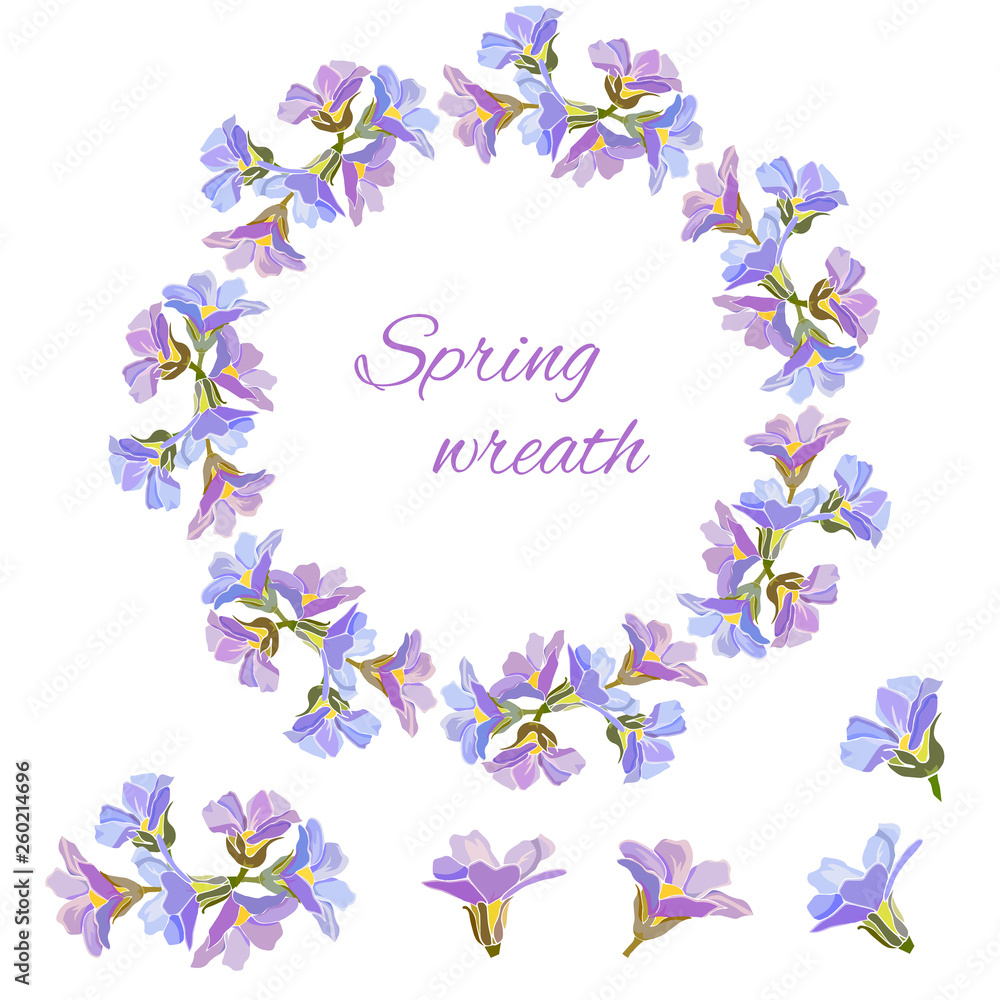 Spring set of floral patterns, ornaments and vector wreaths of delicate violet flowers to decorate cards, design greetings