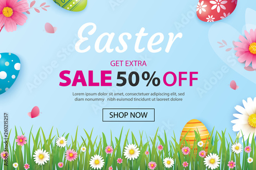 Easter sale banner design template with colorful eggs and flowers. Use for advertising, flyers, posters, brochure, voucher discount.