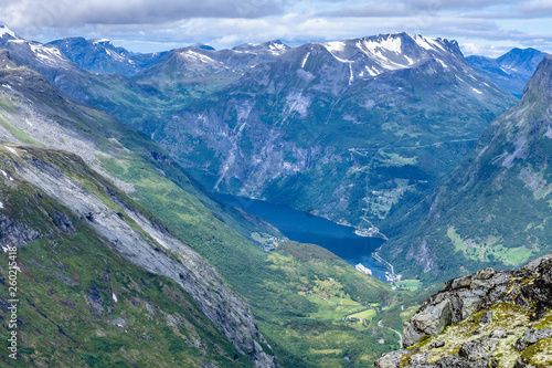 Aerial view of the Geiranger valley in Norway