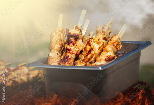 Traditional yakitori chicken stand in Japan at street food vendor market, grilled satay. Japanese Food. photo