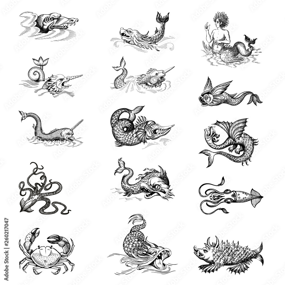 Mythological vintage sea monster. Fragment design of old pirate or