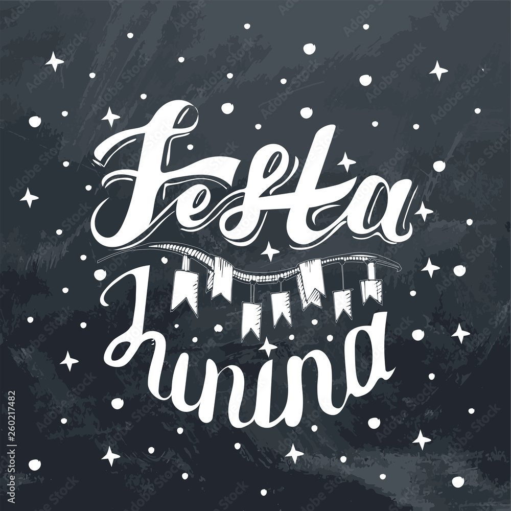 Festa Junina. Holiday card design for Brazilian June fest de Sao Joao on the grey grunge starlight background. Lettering illustration.