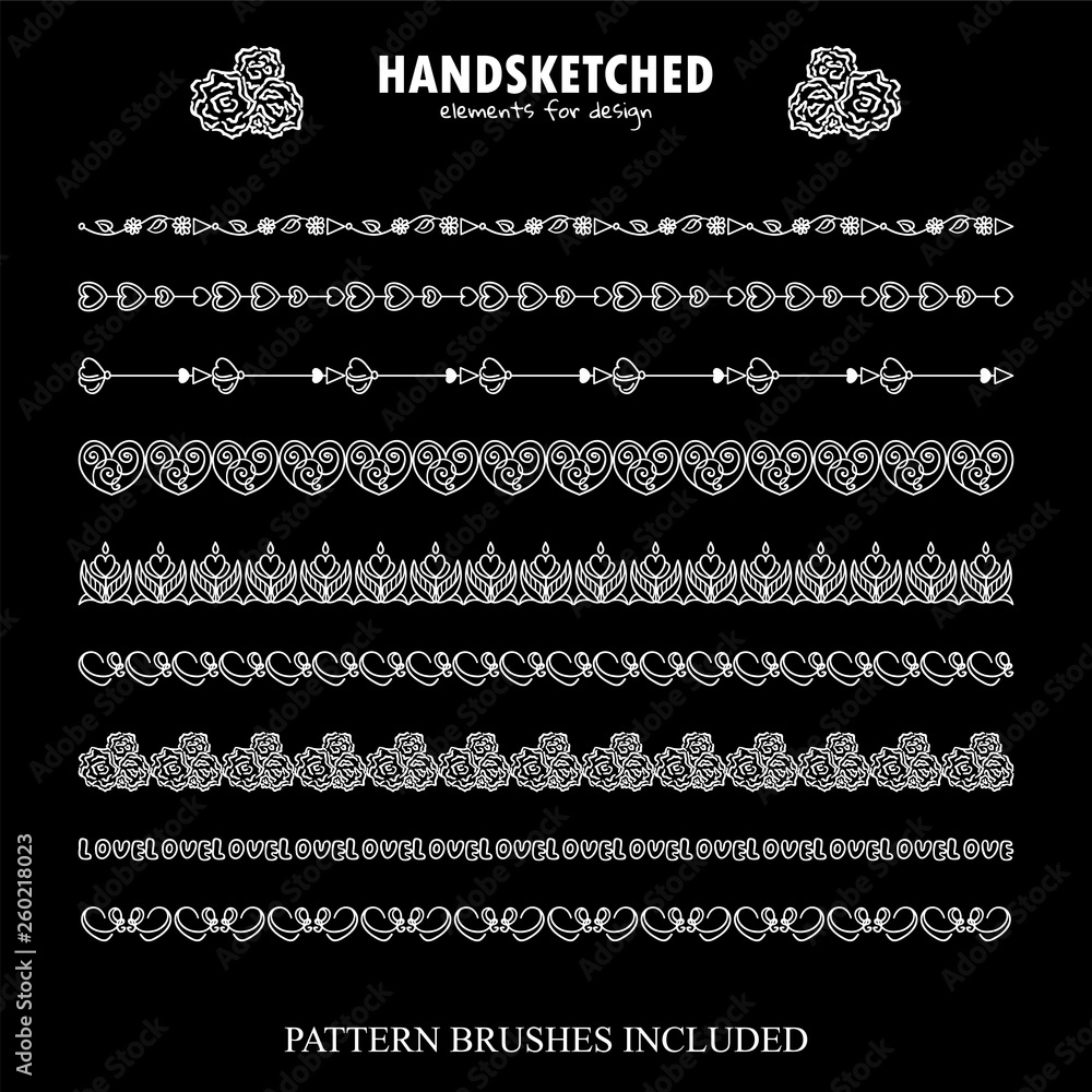 Vector set of brushes, dividers in vintage style. Abstract flowers, arrows, ornate hearts elements in Valentine’s day theme. Black and white chalkboard art. Brushes included, set 6