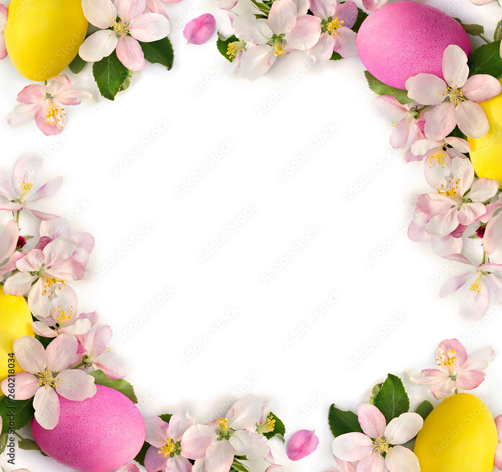 Easter decoration. Frame of pink flowers apple tree and colored easter eggs on white background with space for text. Top view, flat lay