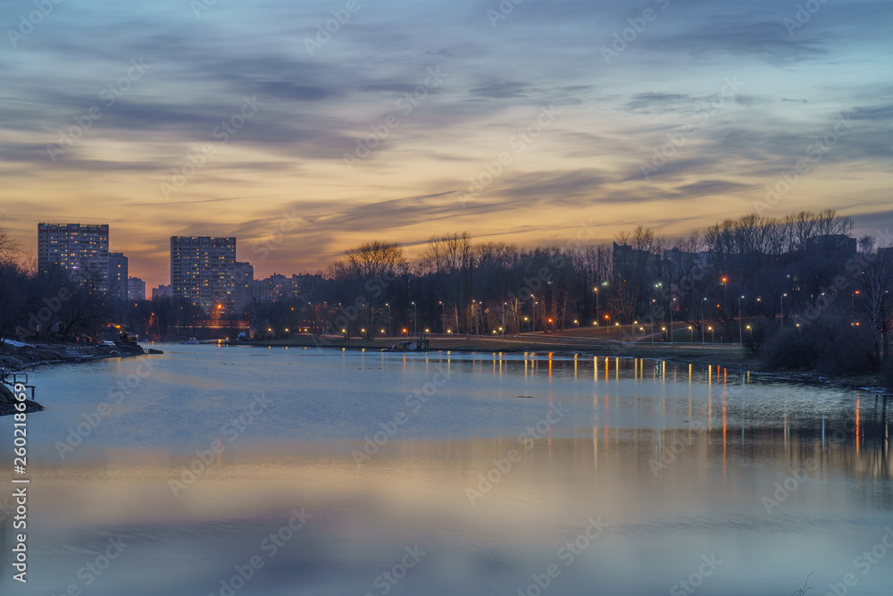 Moscow park image at the spring sunset. The city is full of colors and freshness.