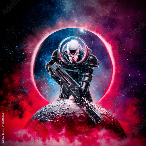 Fotografi The death trooper / 3D illustration of science fiction scene showing evil skull
