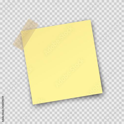 Post note paper sticker isolated on transparent background. Vector yellow office memo pin on translucent sticky tape with shadow