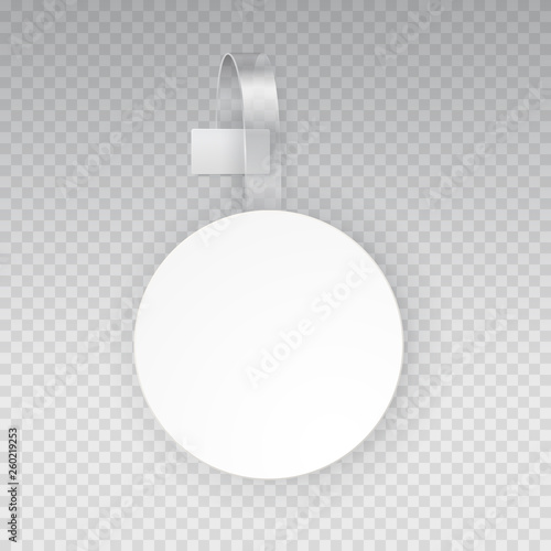 Sales point tag mock up. White empty round supermarket wobbler isolated on transparent background. Vector circle shelf plastic price banner or label template.