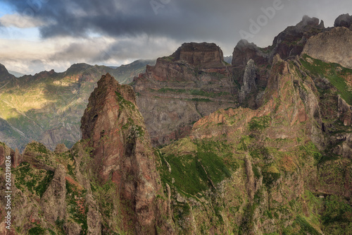 Beautiful panorama view of the landscape in the mountains of Madeira at Pico do Areeiro (Arieiro) while hiking to Pico Ruivo on a cloudy summer day