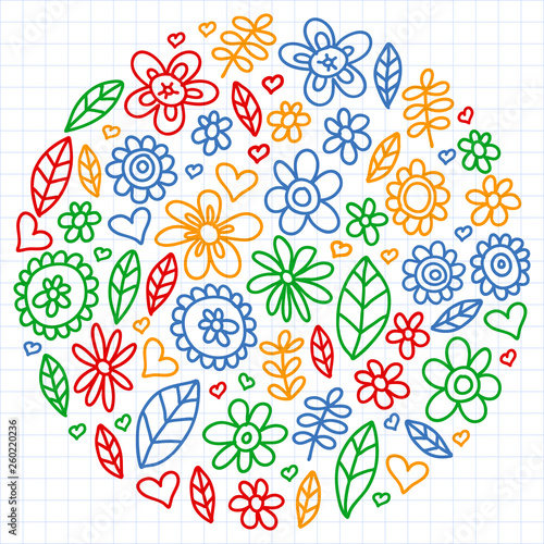 Vector set of child drawing flowers icons in doodle style. Painted, drawn with a pen, on a sheet of checkered paper on a white background.