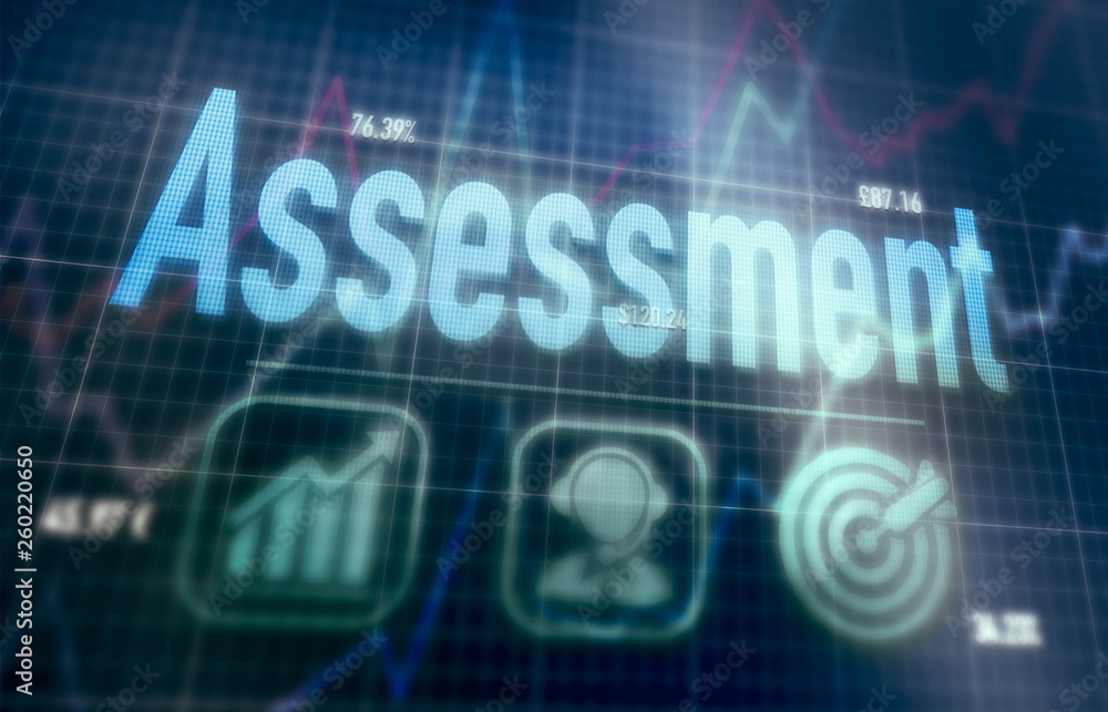 Assessment concept on a blue dot matrix computer display. Assessment concept on a blue dot matrix computer display.