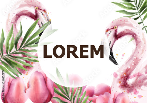 Flamingo watercolor Vector card. Exotic flamingo bird with palm leaves. Tropical summer decoration wrapping, wallpaper, fabric, invitations