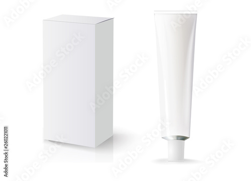 Mock box and cream tube , great design for  any purposes. Package design. Blank cosmetic tube mock up isolated on white background.Vector