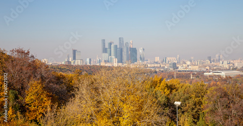 View of the city and the complex of skyscrapers Moscow city from Sparrow Hills or Vorobyovy Gory observation (viewing) platform.Moscow, Russia