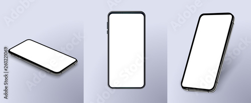 Set of modern frameless smartphones isolated on white background. Side and top and isometric view. Mockup generic device. Vector illustration