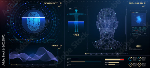Biometric Identification or Recognition System of Person. The facial recognition technology Fingerprint, Voice.Recognition  System Concept (Authentication). Set HUD GUI UI Elements. Vector