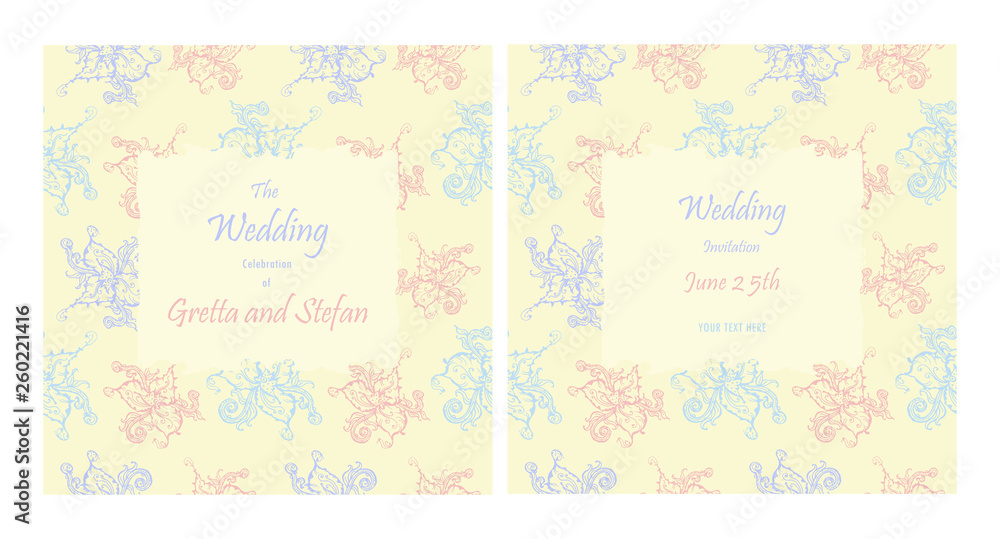 Wedding Invitation Template. Hand-drawn vector illustration of a retro style with floral pattern.