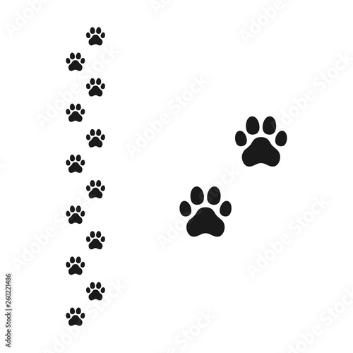 Dog paw footprint black vector sign with footpath trace. Pet paw print track, puppy foot mark isolated icon.