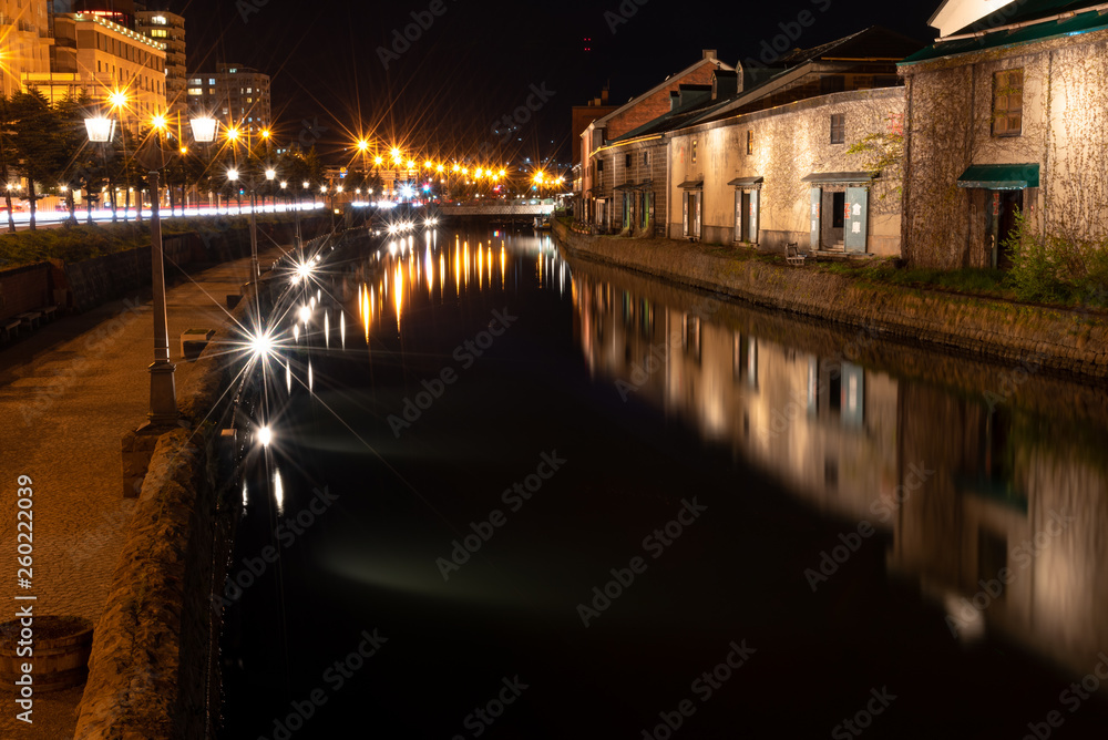 Landscape view of Otaru canals and warehouse at night in Hokkaido Japan. Here is a famous landmark of Otaru city.