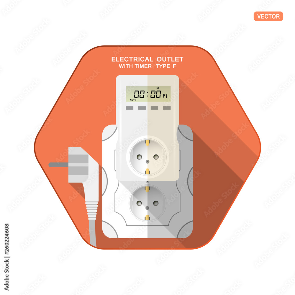 Vector isolated icon of white electrical socket type F with digital timer and LCD screen insert in outlet, electrical plug on the red hexagon background with shadow for use in Europe.