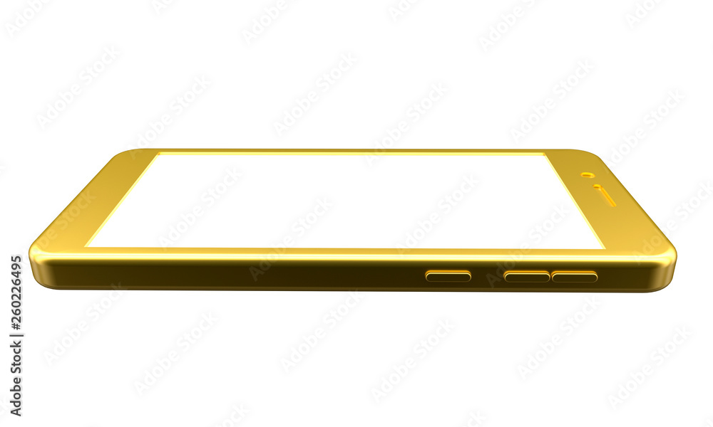 Golden mobile phone from the side isolated on white background. 3d rendering Golden mobile phone from the side isolated on white background. 3d rendering