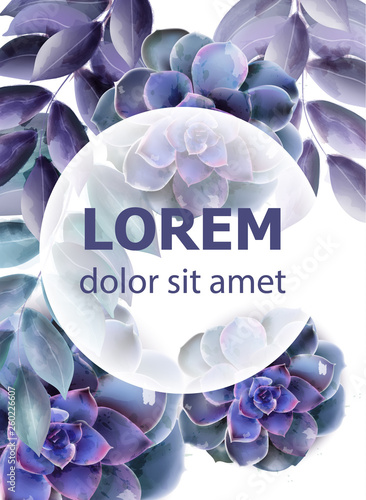 Spring card with blue succulent flower Vector watercolors
