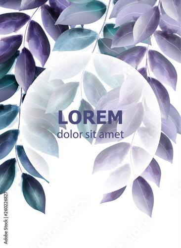 Spring card with blue leaves Vector watercolor. Round frames