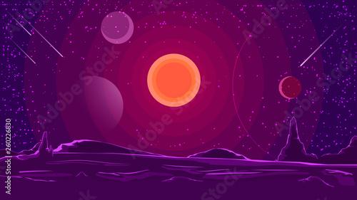 Space landscape with sunset on purple sky, nature on another planet. Vector illustration.