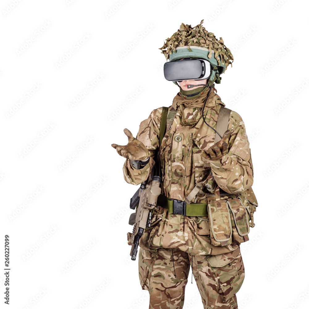 soldier use a VR glasses for combat simulation training. war, army, technology and people concept. soldier use a VR glasses for combat simulation training. war, army, technology and people concept.