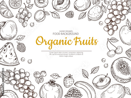 Fruit background. Farmer eco fruits and berries vintage sketch healthy food vector poster. Illustration of healthy fruit berry and melon  lemon and grapes