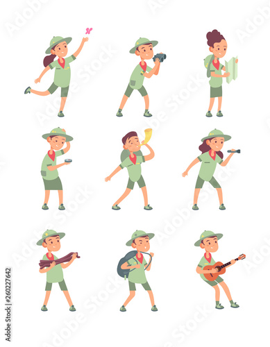 Kids in scout costumes. Young scouts boys and girls have adventure in summer camping. Cute children vector cartoon characters. Illustration of scout character  young boy and girl