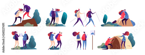 People hiking. Young couple travel together. Happy family, tourists in camping and hike in nature. Vector camper characters outdoors. Adventure holiday, hiking and recreation outdoor illustration