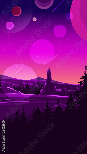 Space landscape in purple tones, nature on another planet. Vector illustration.