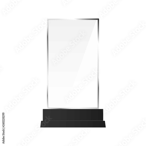 Glass table display. Office transparent glass table signs modern plastic clear stand reflection shiny plates on a white background.