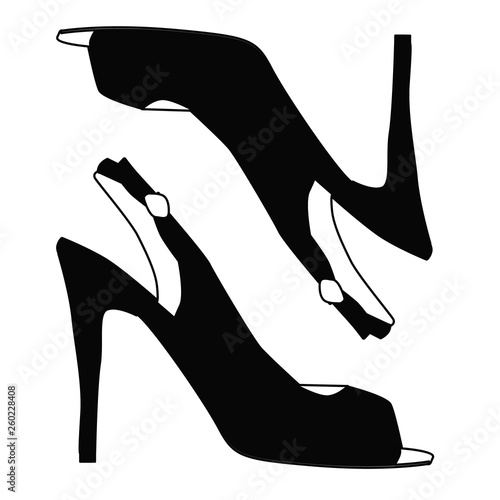 vector, isolated, black and white silhouette heeled sandals