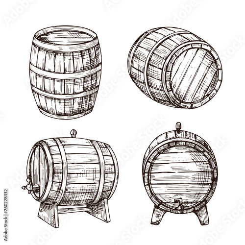 Sketch barrels. Whiskey oak casks. Wooden wine barrel in vintage engraving style. Bar, pub and brewery vector sign isolated. Illustration of cask wood, winery drink and whiskey keg
