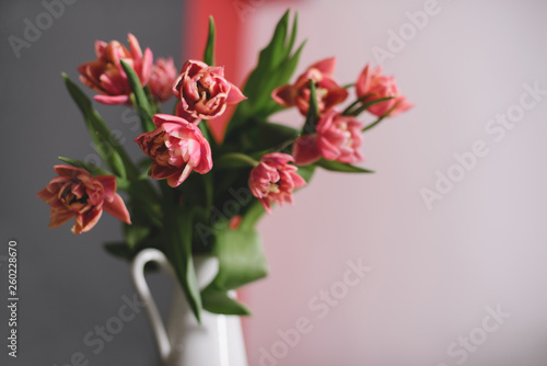 A bouquet of pink peony tulips in a white jug.