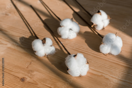 A bouquet of cotton on a wooden table.