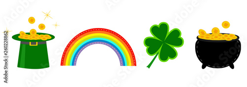 Clover leaf, pot with money, green hat and rainbow. St. Patrick icon set line. Flat design. White background. Isolated.