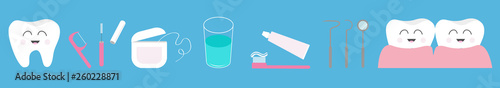 Tooth health icon set line. Toothpaste, toothbrush, dental tools instruments, thread, floss, mirror, brush, water. Children teeth care. Oral hygiene Baby background Flat design