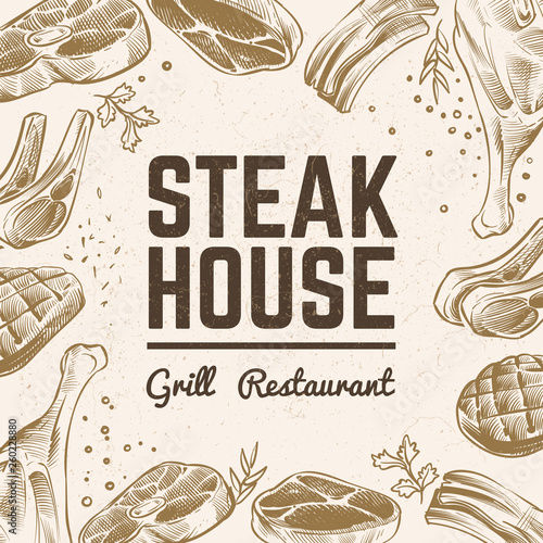 Sketch meat background. Grill food menu. Vintage bbq meat hand drawn vector backdrop. Illustration of steak beef, bbq meat