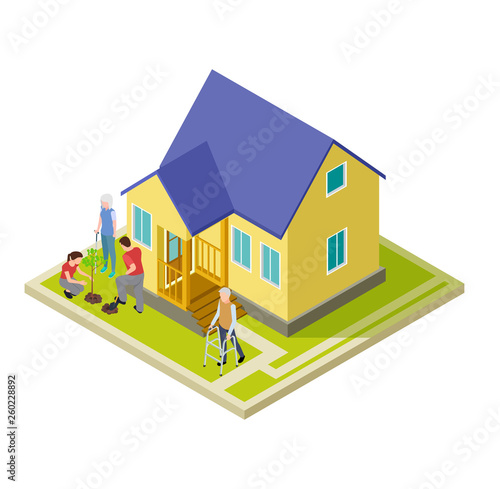 Volunteers help an older couple with garden work isometric vector illustration. Volunteer help older people