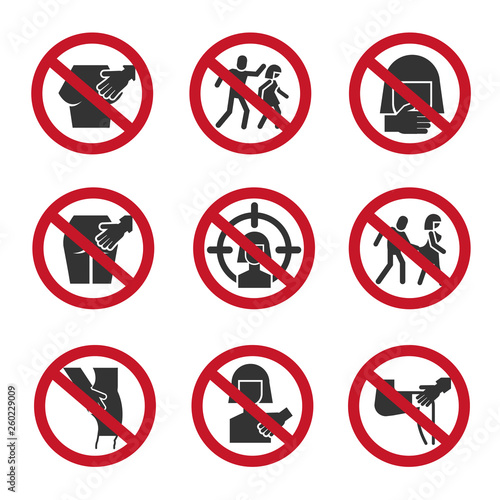 Stop sexual abuse, harassment, violence vector icons set. Illustration of aggression and violence, social sexual prohibited