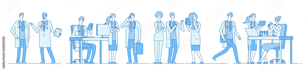 Doctor characters. Doctors talking meeting working on computer laptop. Medical people hospital. Medical education line vector concept. Medical character doctor and physician illustration