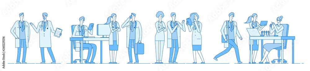 Doctor characters. Doctors talking meeting working on computer laptop. Medical people hospital. Medical education line vector concept. Medical character doctor and physician illustration Doctor characters. Doctors talking meeting working on computer laptop. Medical people hospital. Medical education line vector concept. Medical character doctor and physician illustration