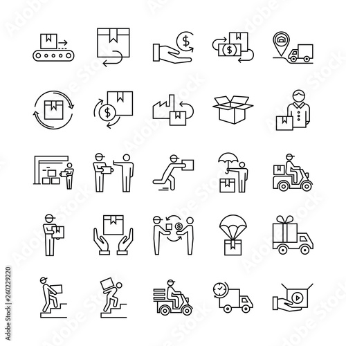 Vector icons for web, infographic or print fast delivery logistic icons big set in flat style. Baggage trolley vector, route, cash, 24 hours, sea shipping, truck trailer, cargo container, warehouse.