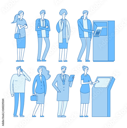 Queue atm. People in line to banking atm cash withdrawal money payment. Woman man with debit credit card. Bank business vector concept. Payment bank, atm for money illustration