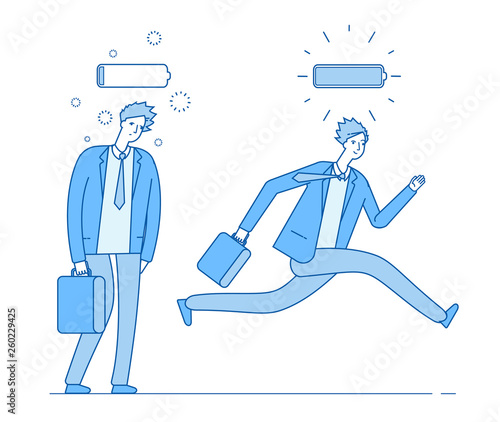 Energy and tired businessman. Powerful running and weak walking person with full charge and uncharged battery. Business vector concept. Illustration of businessman, business energy, tired and power